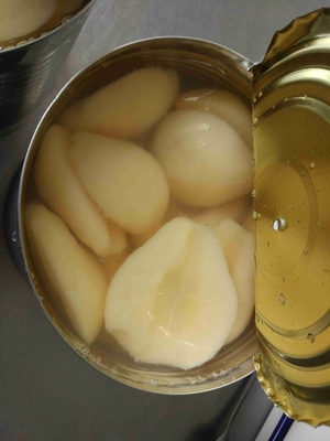 Poires en conserve en tranches dans du sirop fort avec consignes de stockage à sec