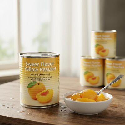Pêches jaunes à saveur sucrée en boîte de délicieux fruits en conserve parfaits pour les restaurants, les cafés et les distributeurs alimentaires