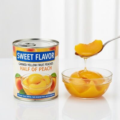Pêches aux fruits jaunes en conserve à saveur sucrée, moitié de pêche, choix populaire parmi les fabricants et les distributeurs de produits alimentaires